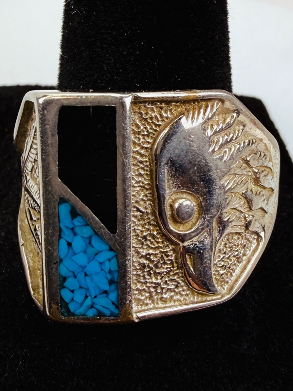 Vintage aged Silvertone Blue and Black Onyx eagle size 11 Ring